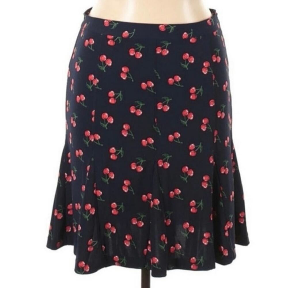 Talbots Women's Navy Cherry Print Flounce Flare Knee Length Skirt Side Zip Flowy